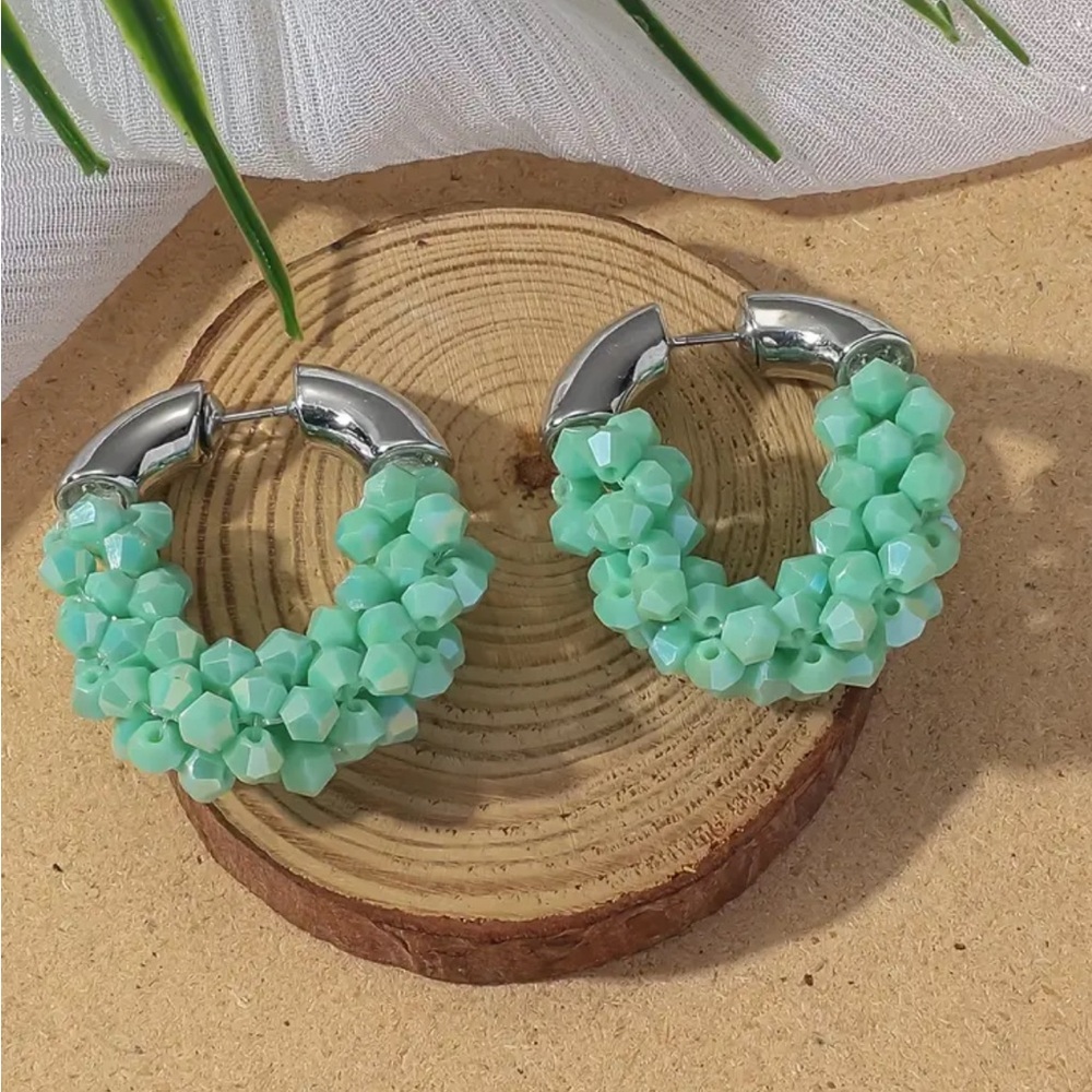 Cyan Bohemian Style Handcrafted Round Hoop Synthetic Crystal Earrings